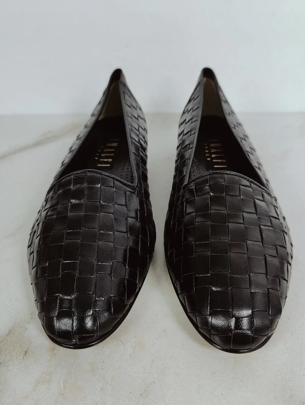 EUC Alfani Black Woven Leather Slip On Flat Almond Toe Loafers, Sz 10